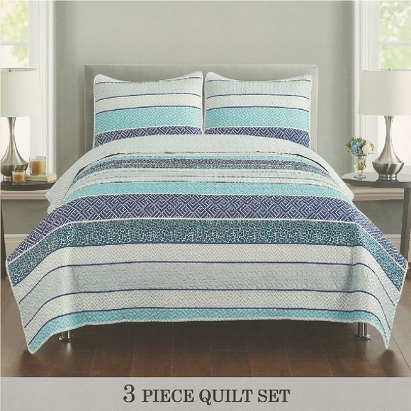 3 Piece Quilted Bedspread Set - White Blue Green Gray Stripes Full/Queen & King - Picture 1 of 1